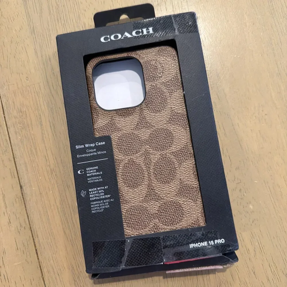 COACH iPhone 15 Pro Case Brown Signature Canvas Smartphone Cover New Open Box